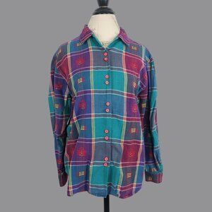 Vintage CM Company Plaid Button Down Medium Teal Western